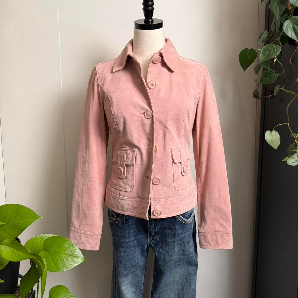 Cherokee Y2K Pink Suede Leather Jacket Oversized Button Front Women Small